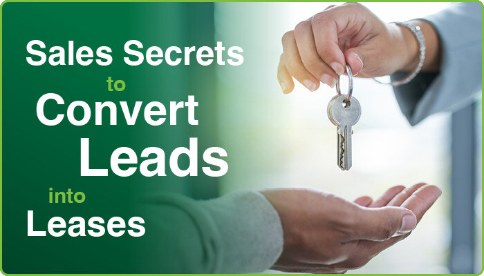 On the left: Sales secrets to convert leads into leases. On the right, apartment keys are handed over, implying a lead was converted into a lease