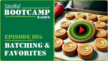 "SalesMail Boot Camp Basics. Episode 105: Batching & Favorites". Cookie with unique icing: green circles surrounding red triangle held on baking sheet